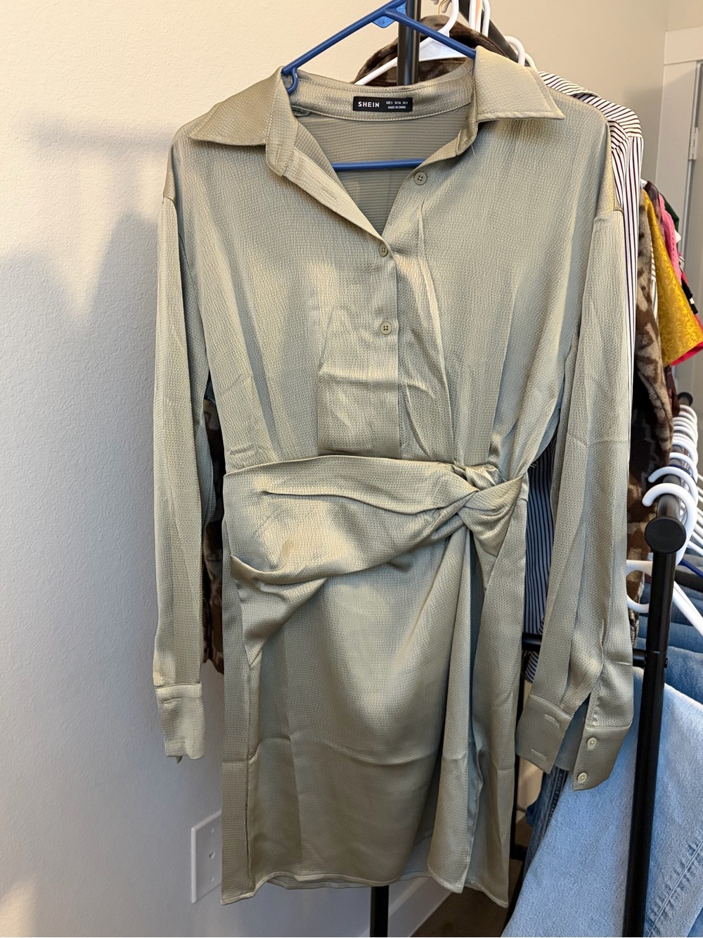 SHEIN Sage Green Twist-Waist Long Sleeve Shirt Dress